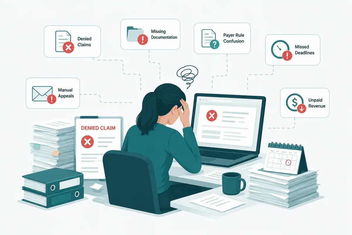 A biller at a desk buried in denied claims, missing documentation, payer rule confusion, missed deadlines, manual appeals and unpaid revenue.